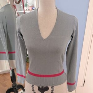 Emporio Armani Women’s Gray V-Neck Sweater with Pink Trim